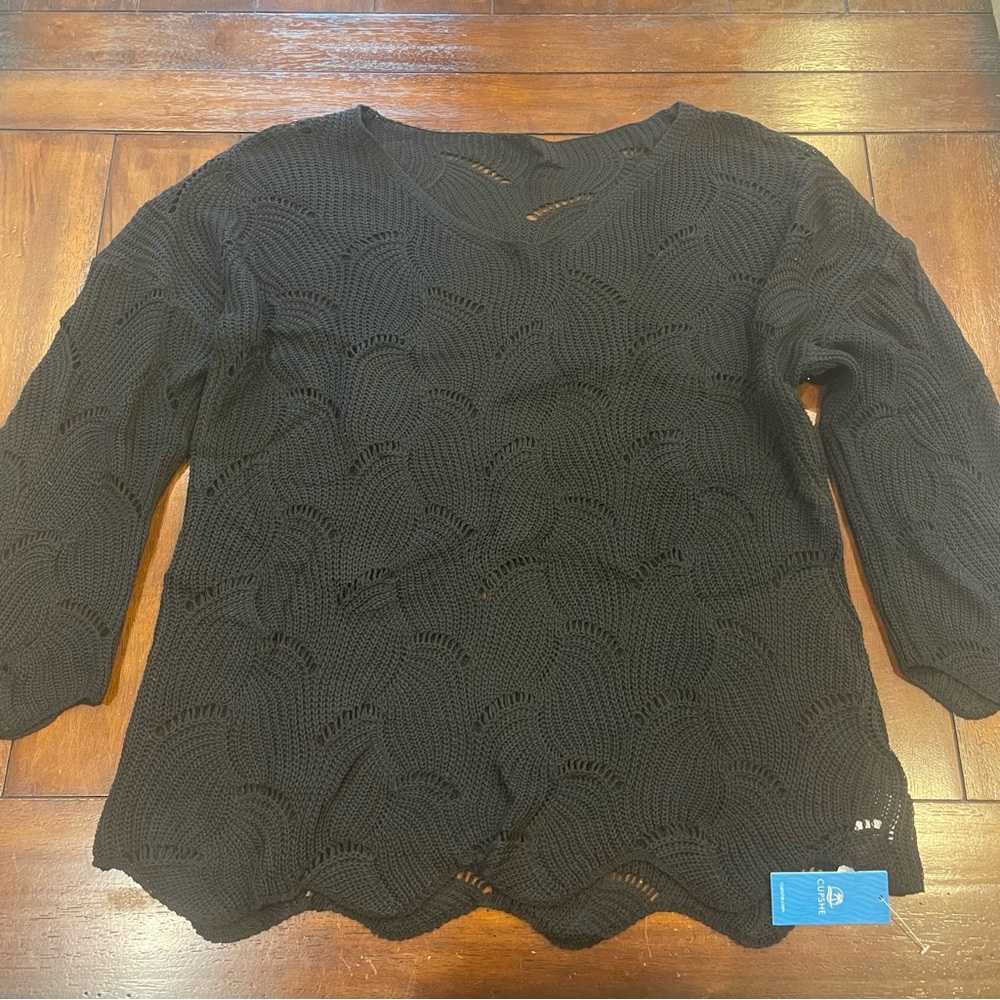 NWT CUPSHE sz M black cutout scalloped sweater/swim cover - Picture 4 of 10